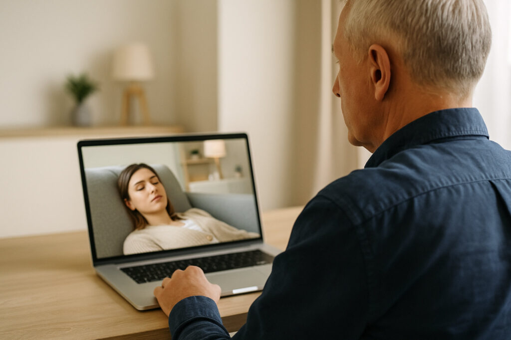 Man taking hypnotic session online